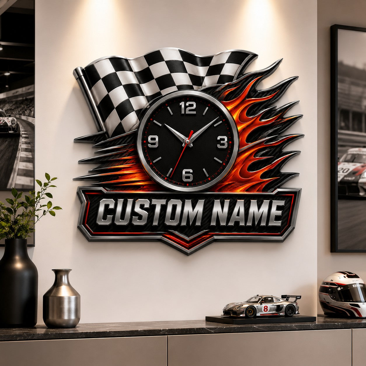 Personalized Checkered Flag Wall Clock with Custom Name — personalized with a custom name