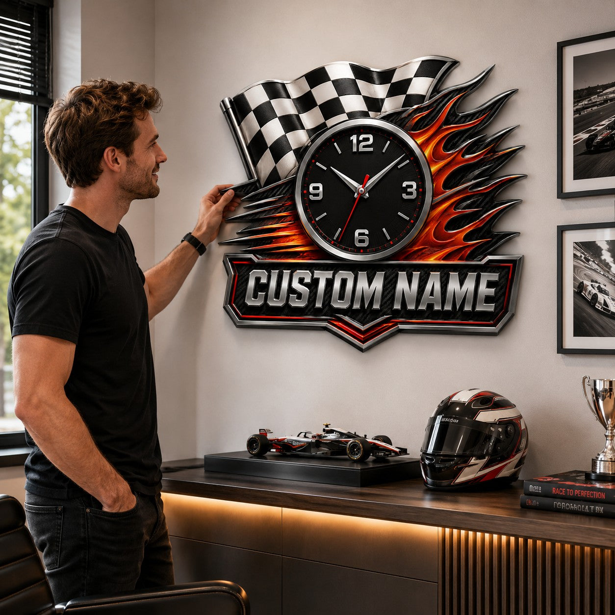Personalized Checkered Flag Wall Clock with Custom Name — personalized with a custom name