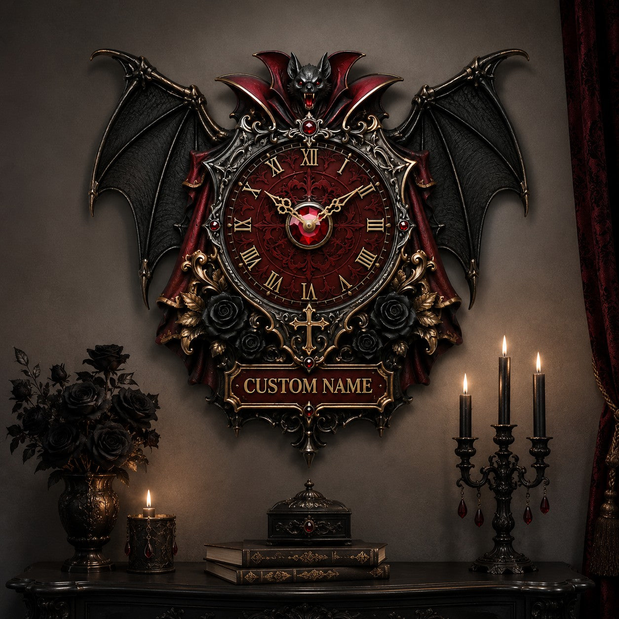 Personalized Gothic Bat Wall Clock with Custom Name — personalized with a custom name