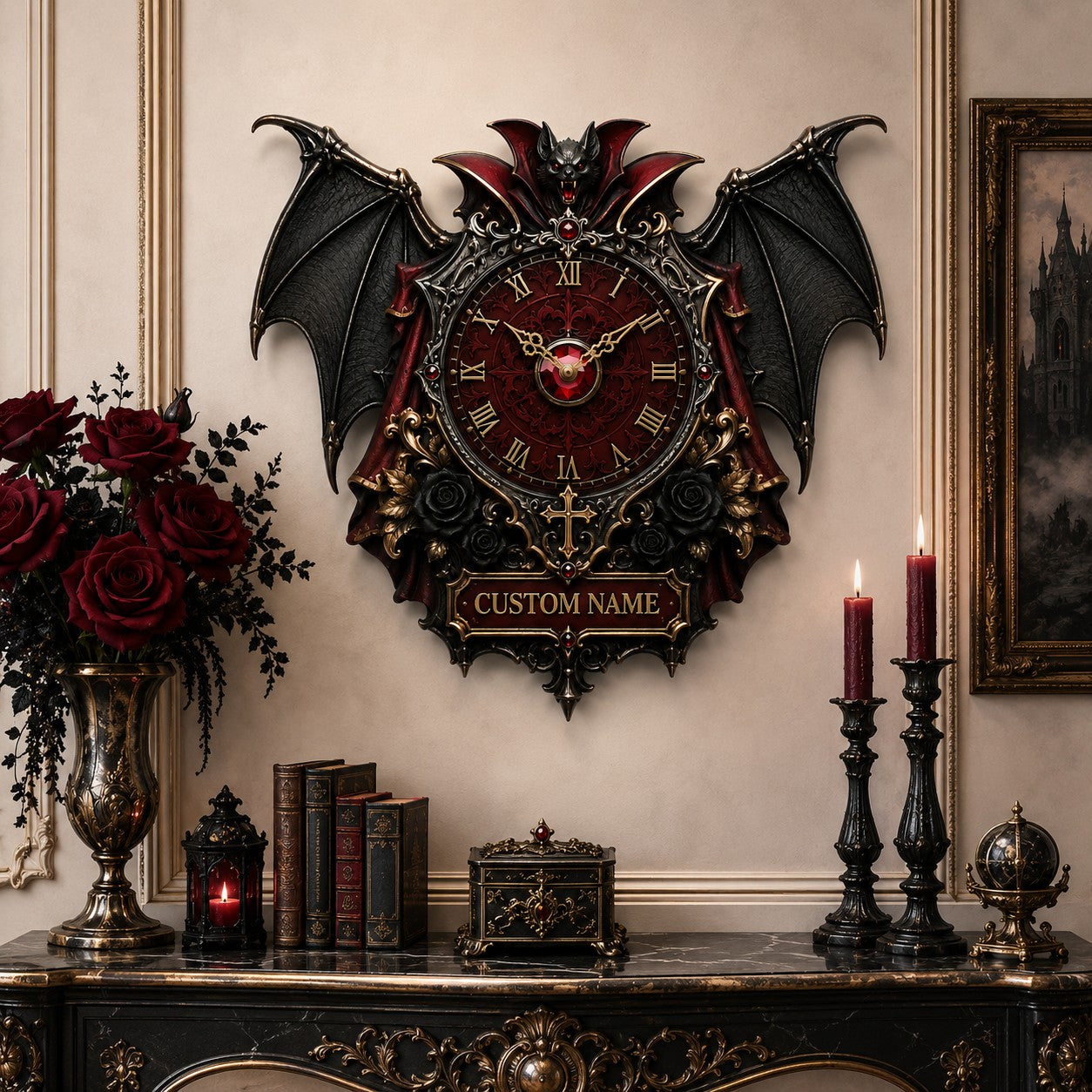 Personalized Gothic Bat Wall Clock with Custom Name — personalized with a custom name