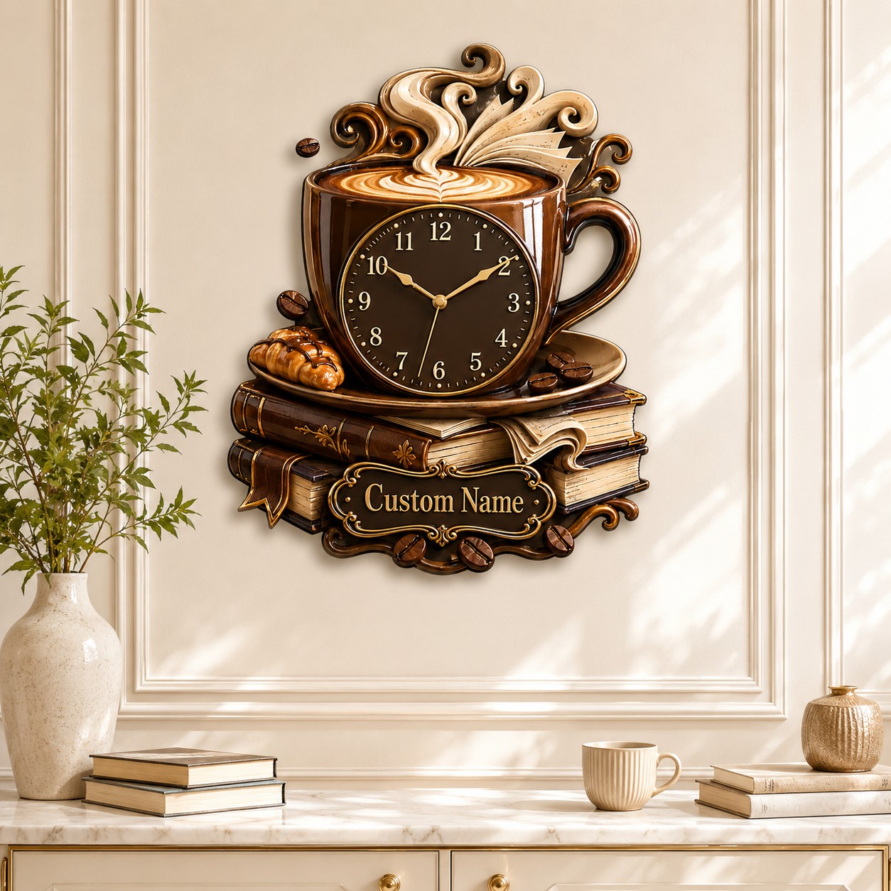 Personalized Coffee and Book Lover Wall Clock with Custom Name — personalized with a custom name