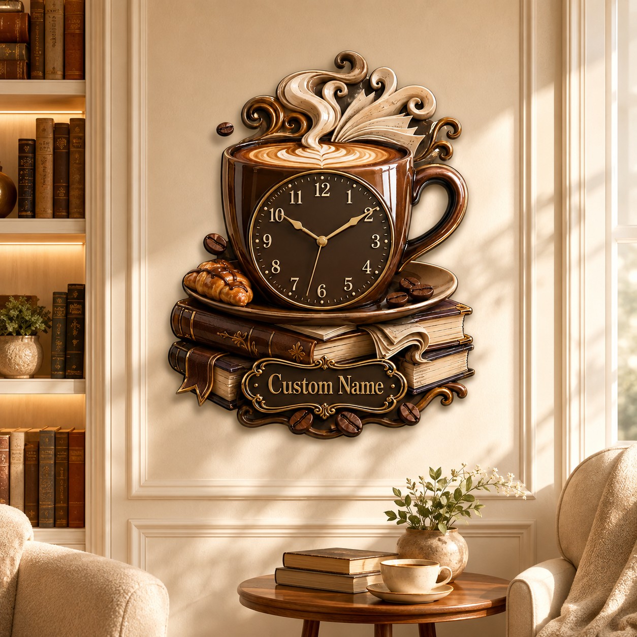 Personalized Coffee and Book Lover Wall Clock with Custom Name — personalized with a custom name