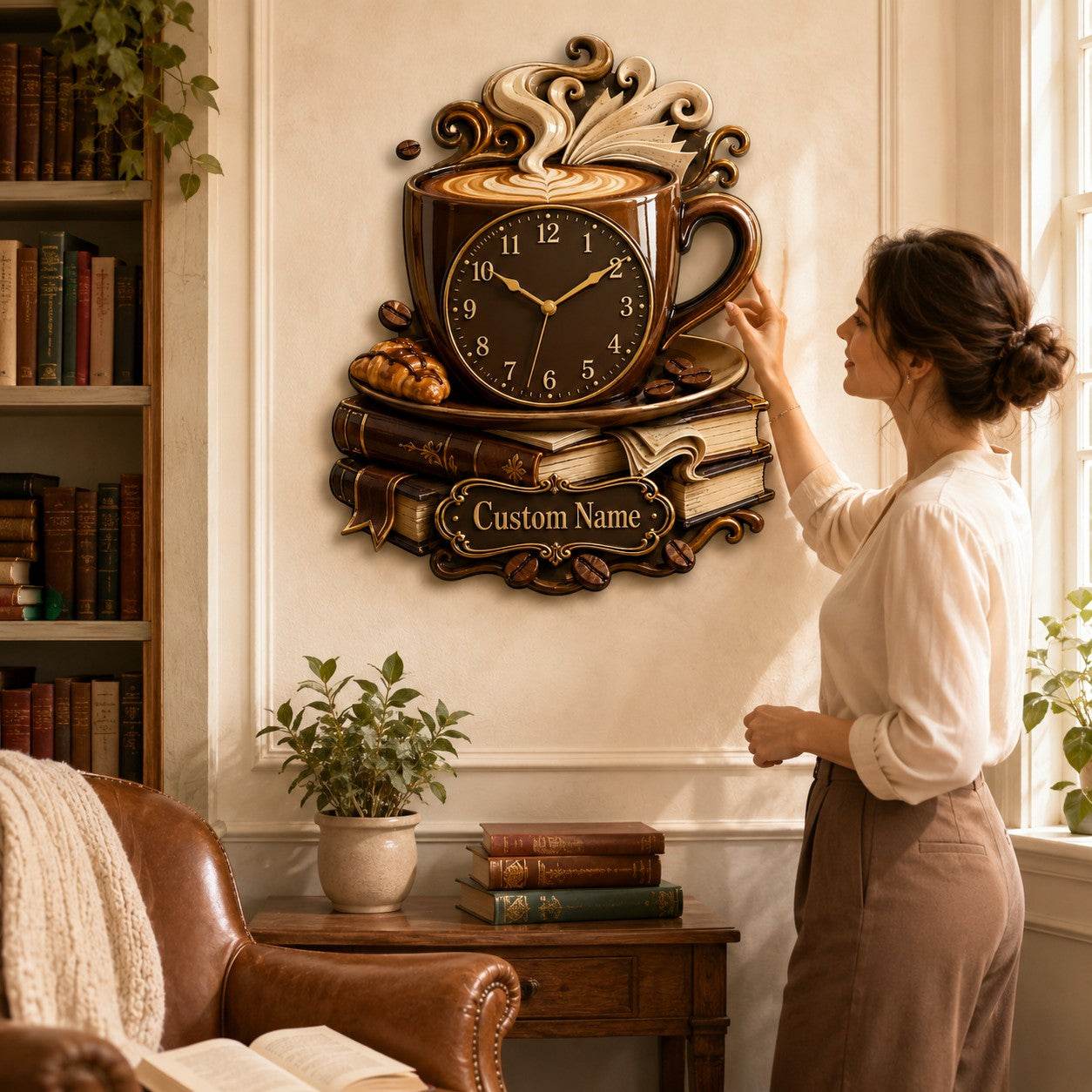 Personalized Coffee and Book Lover Wall Clock with Custom Name — personalized with a custom name