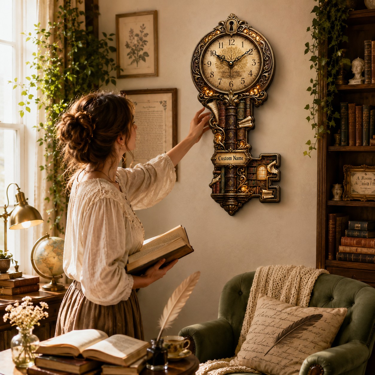 Personalized Book Lover Key Wall Clock with Custom Name — personalized with a custom name