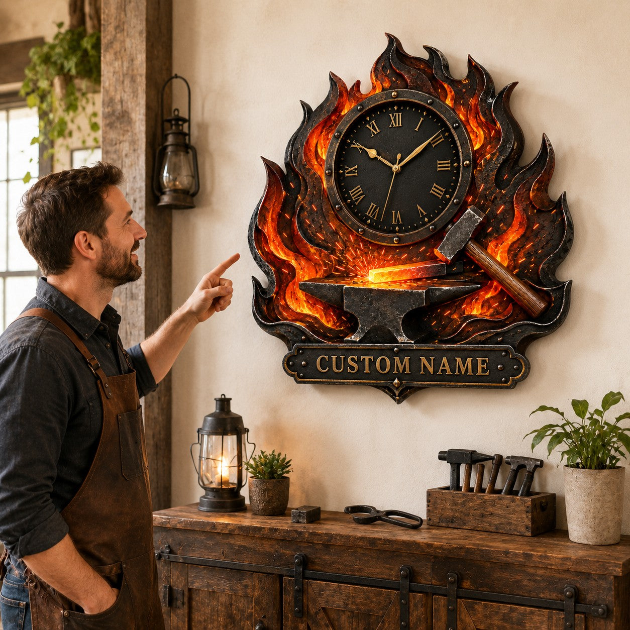 Personalized Blacksmith Flame Wall Clock with Custom Name — personalized with a custom name