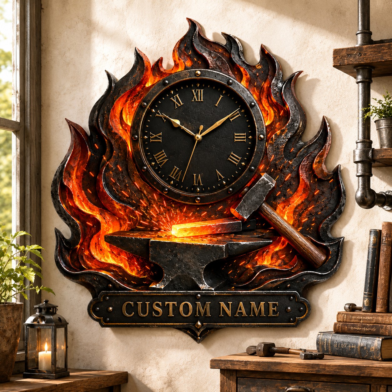 Personalized Blacksmith Flame Wall Clock with Custom Name — personalized with a custom name