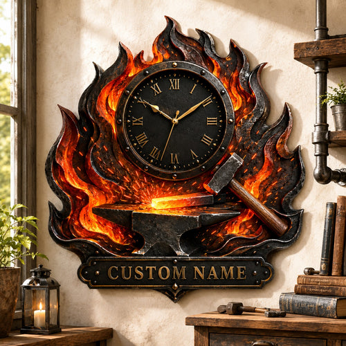 Personalized Blacksmith Flame Wall Clock with Custom Name — personalized with a custom name