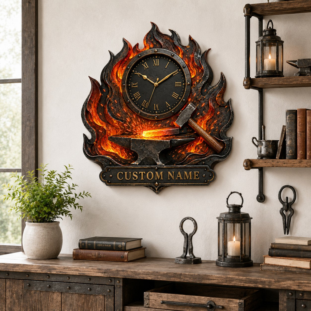 Personalized Blacksmith Flame Wall Clock with Custom Name — personalized with a custom name