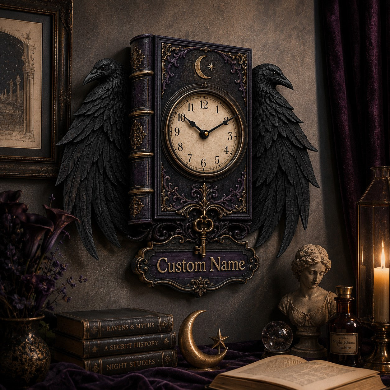 Personalized Gothic Raven Dark Academia Wall Clock with Custom Name — personalized with a custom name