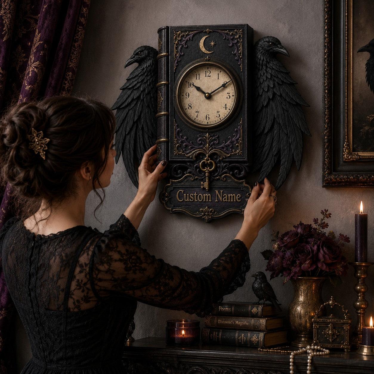 Personalized Gothic Raven Dark Academia Wall Clock with Custom Name — personalized with a custom name