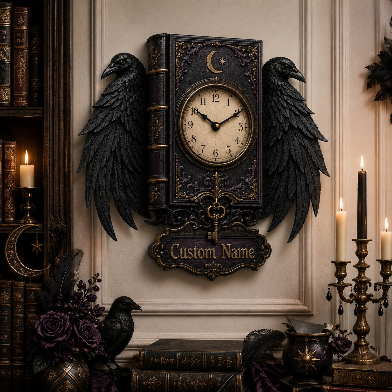Personalized Gothic Raven Dark Academia Wall Clock with Custom Name — personalized with a custom name
