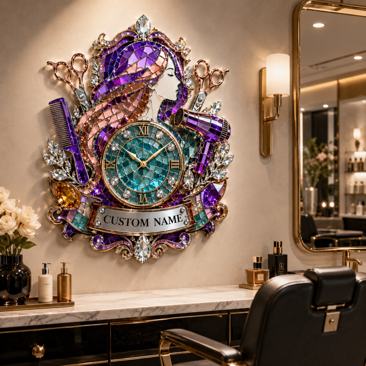 Personalized Hairstylist Wall Clock, Custom Name Gift for Hairstylists — personalized with a custom name