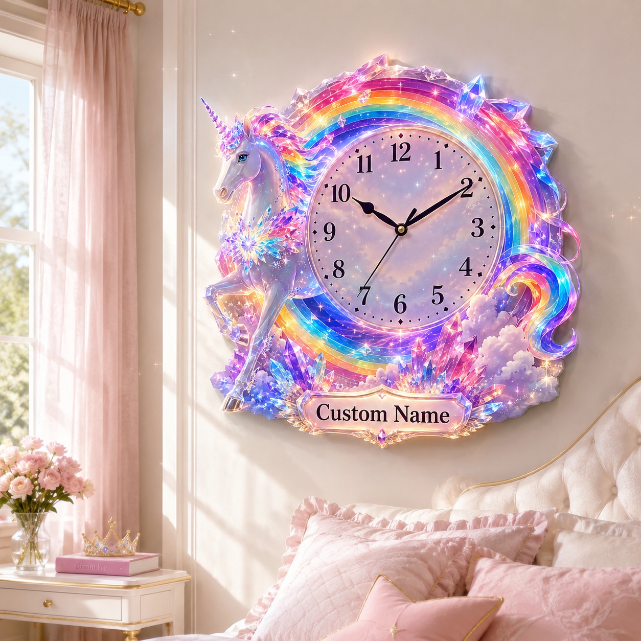 Personalized Unicorn Wall Clock with Custom Name (Design 3) — personalized with a custom name