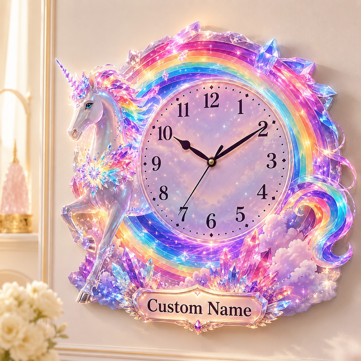 Personalized Unicorn Wall Clock with Custom Name (Design 3) — personalized with a custom name