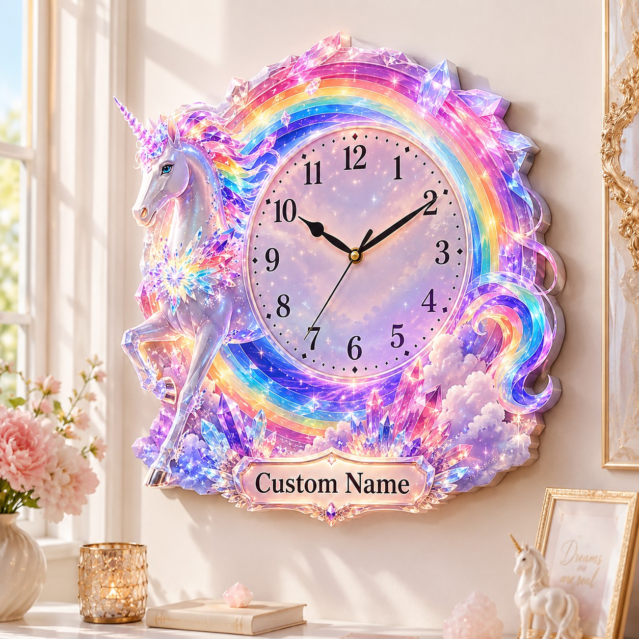 Personalized Unicorn Wall Clock with Custom Name (Design 3) — personalized with a custom name