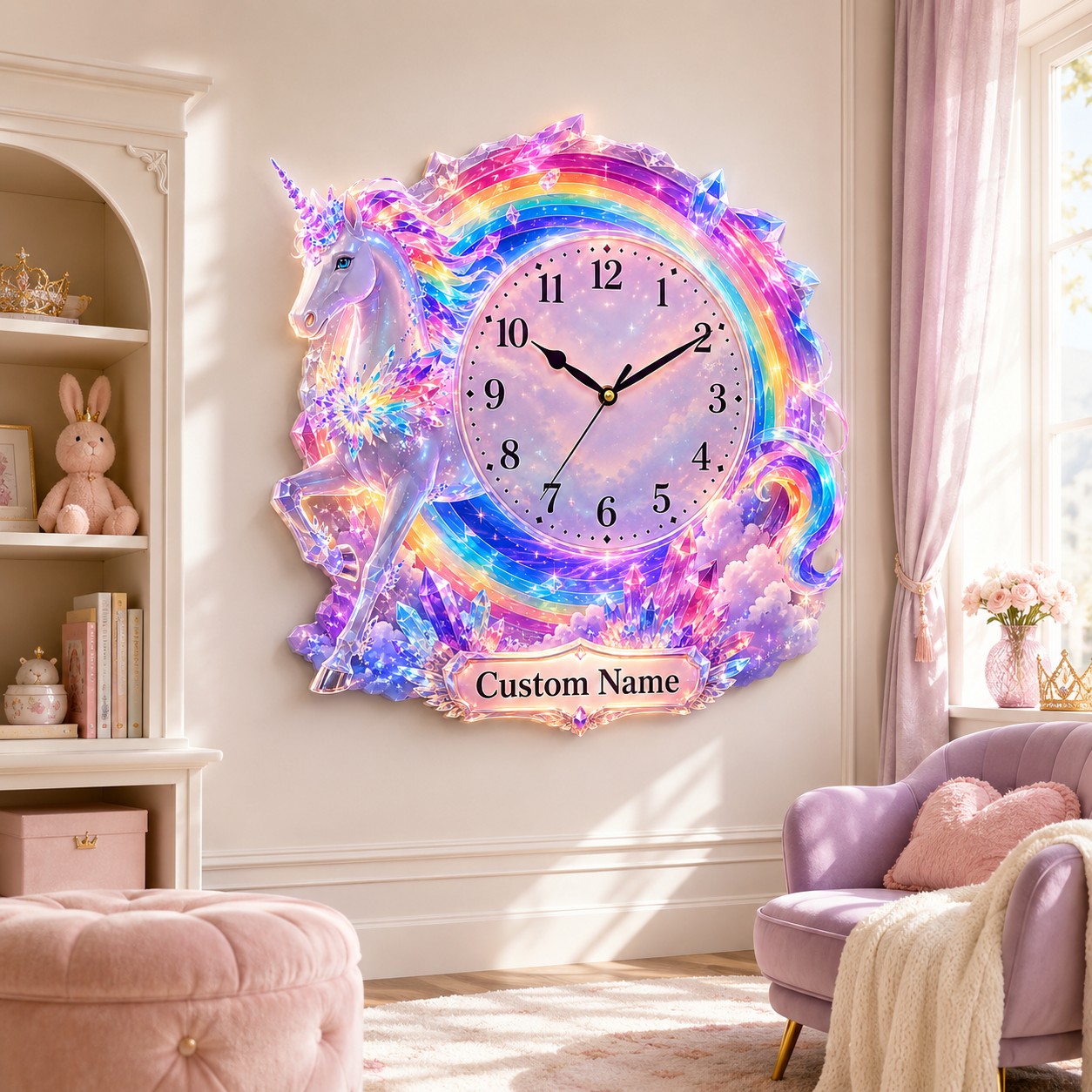 Personalized Unicorn Wall Clock with Custom Name (Design 3) — personalized with a custom name