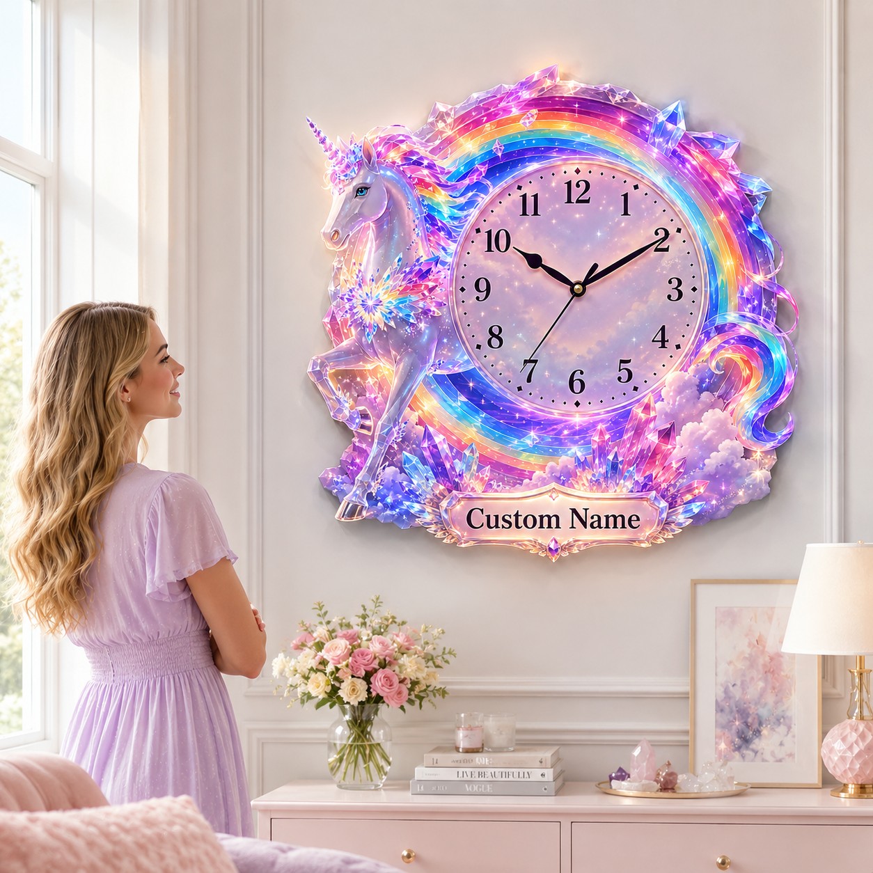 Personalized Unicorn Wall Clock with Custom Name (Design 3) — personalized with a custom name