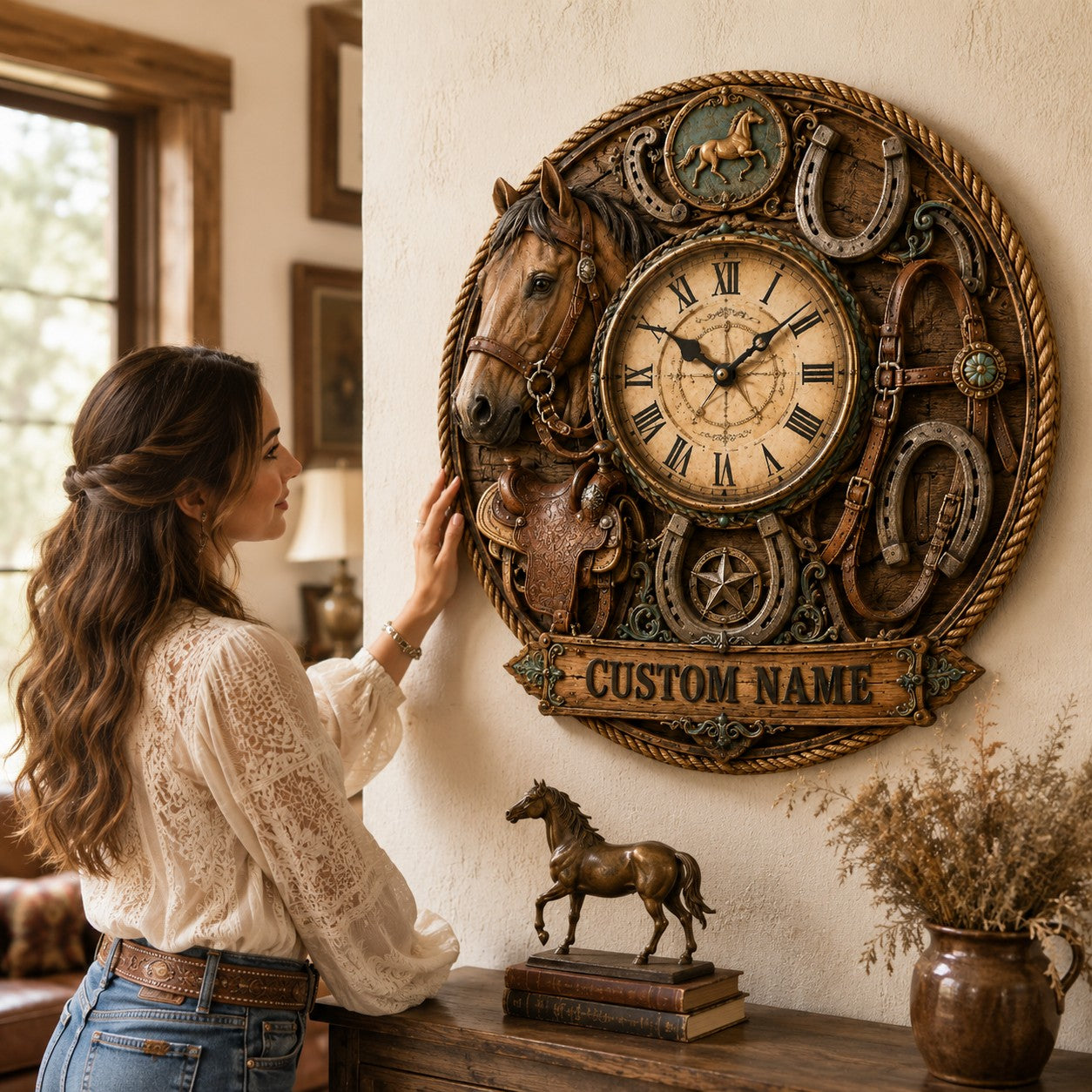 Personalized Horse Wall Clock, Custom Name Gift for Horse Lovers (Design 2) — personalized with a custom name