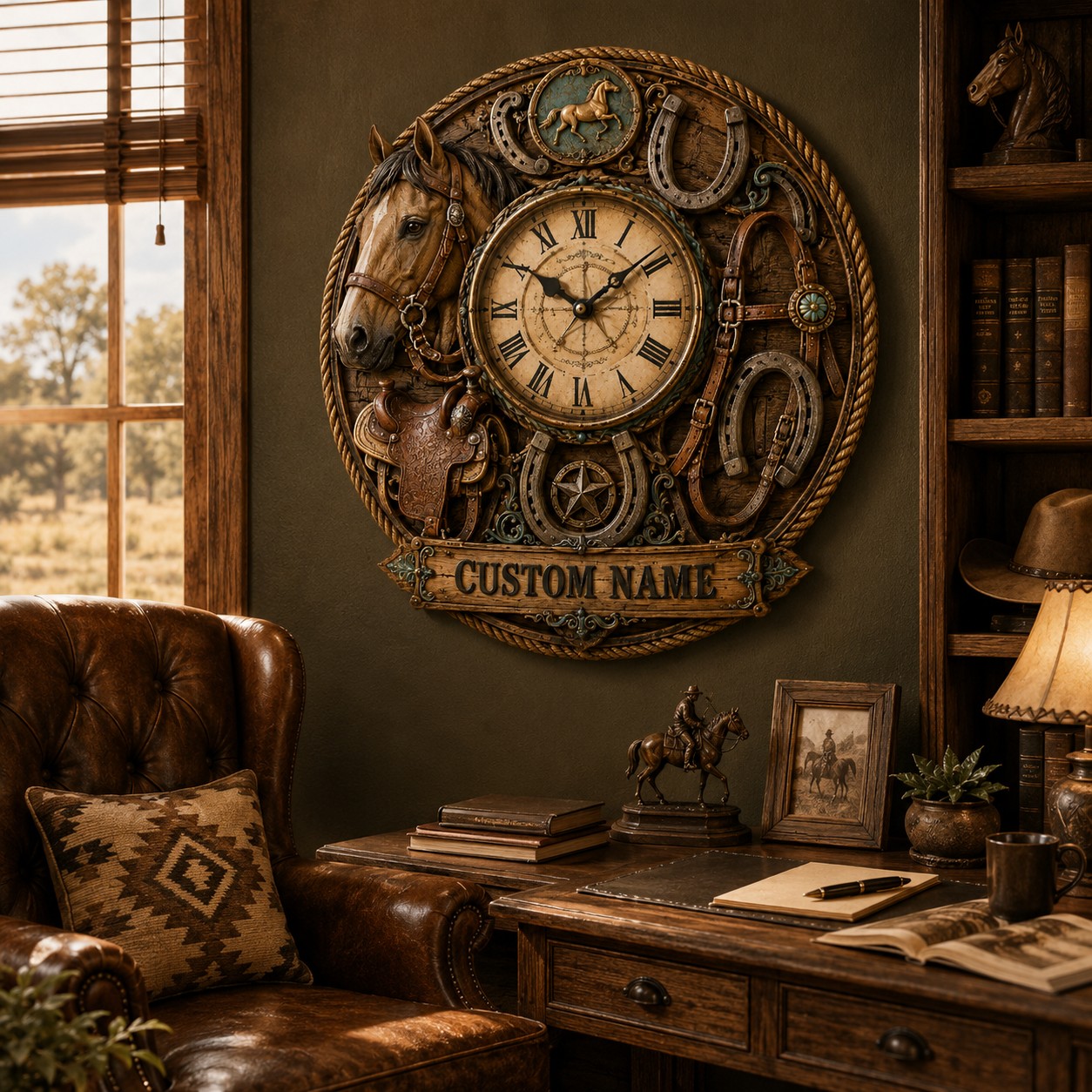 Personalized Horse Wall Clock, Custom Name Gift for Horse Lovers (Design 2) — personalized with a custom name