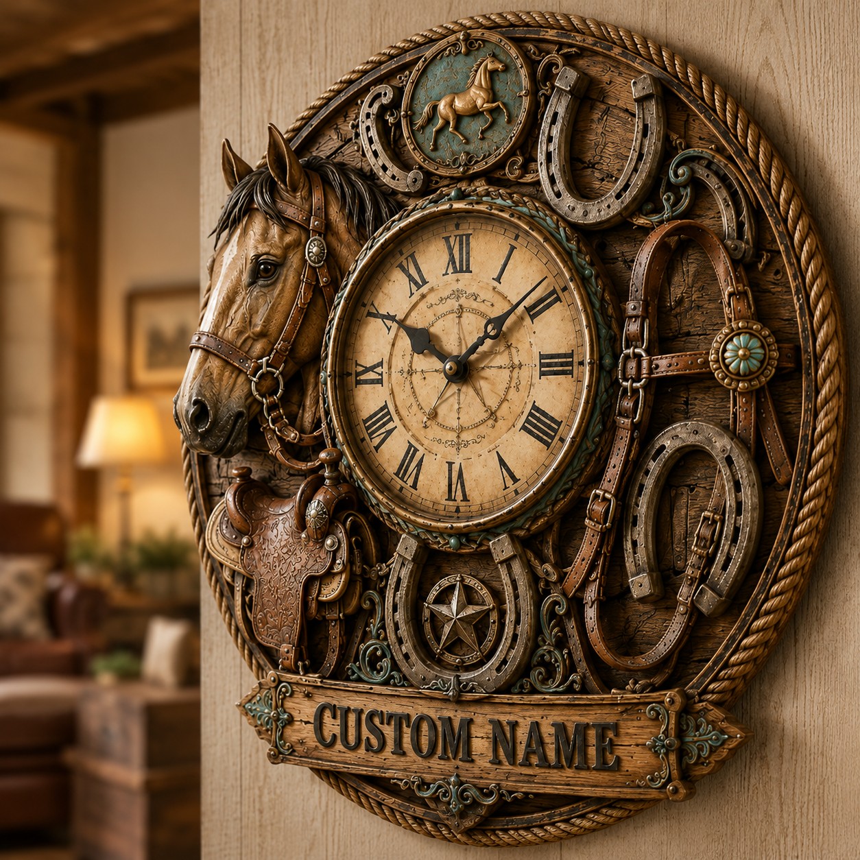 Personalized Horse Wall Clock, Custom Name Gift for Horse Lovers (Design 2) — personalized with a custom name