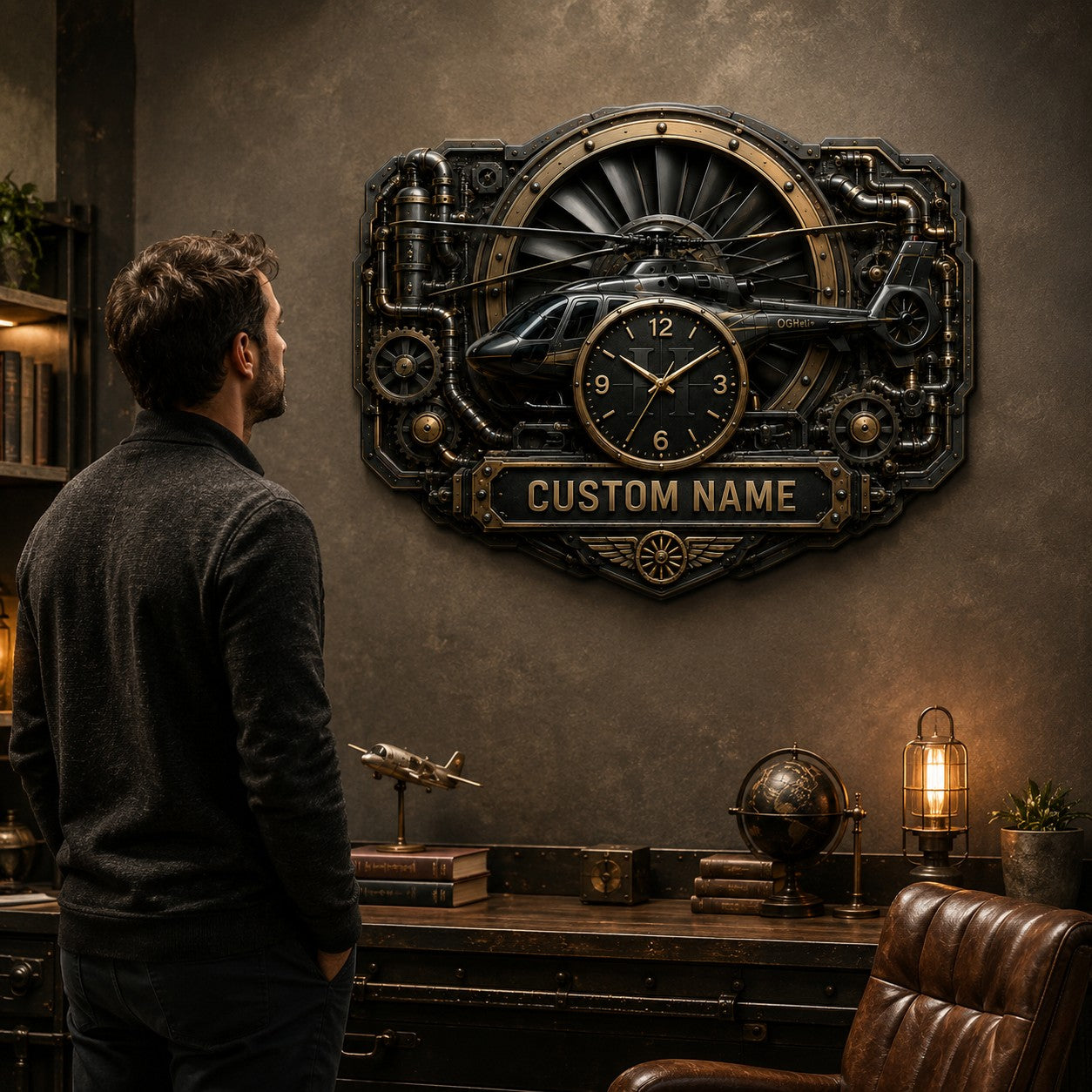 Personalized Steampunk Aviation Enthusiasts Wall Clock — personalized with a custom name