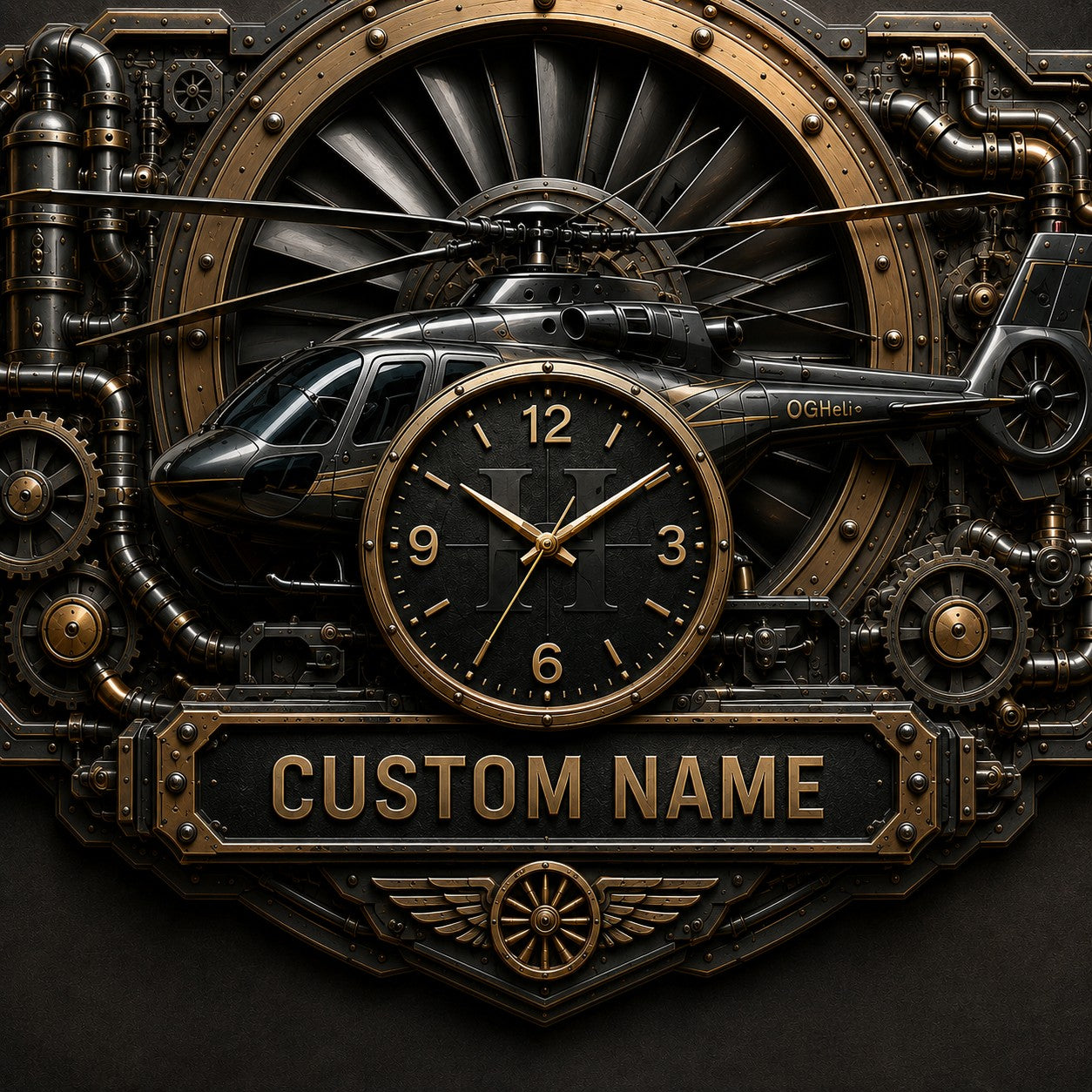 Personalized Steampunk Aviation Enthusiasts Wall Clock — personalized with a custom name