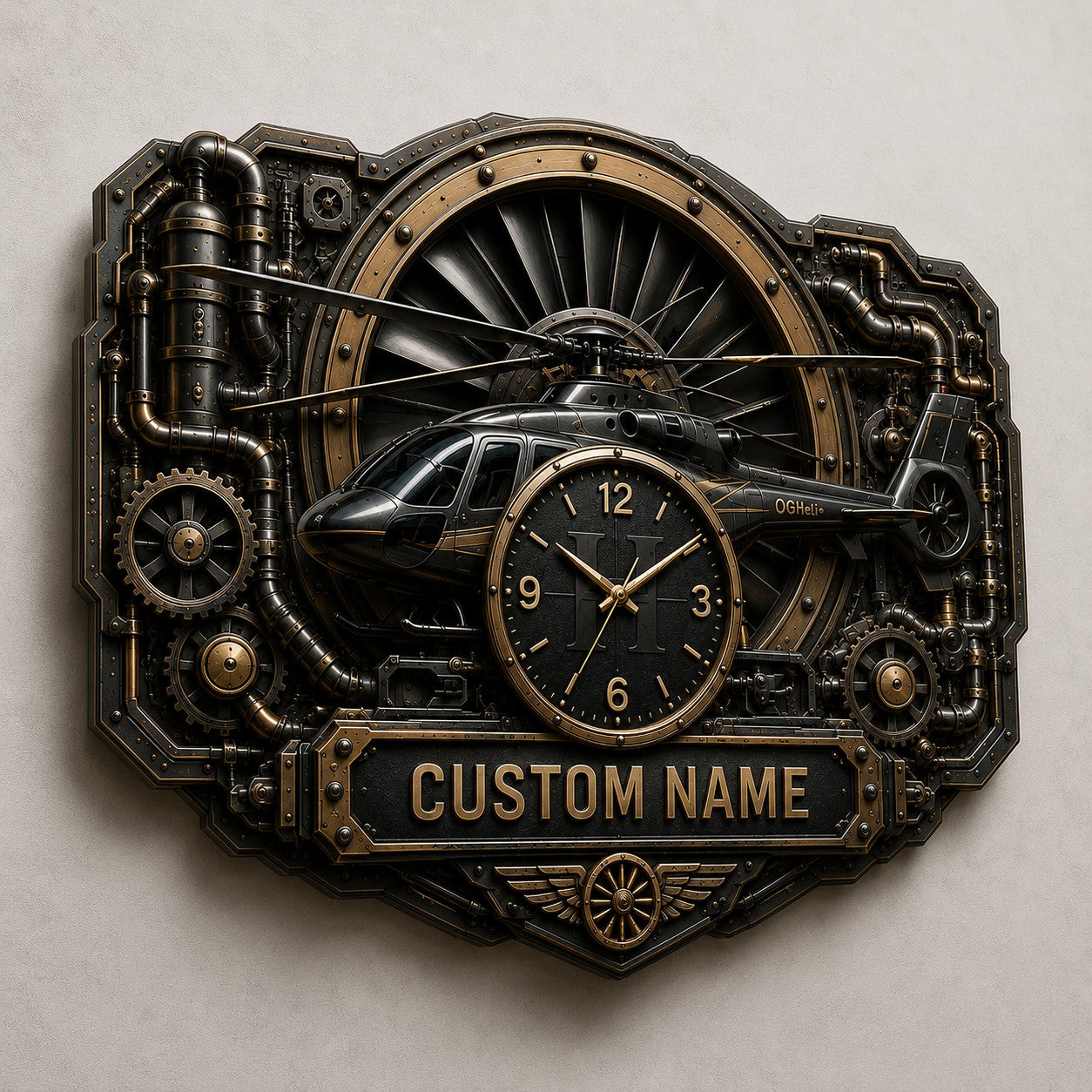 Personalized Steampunk Aviation Enthusiasts Wall Clock — personalized with a custom name