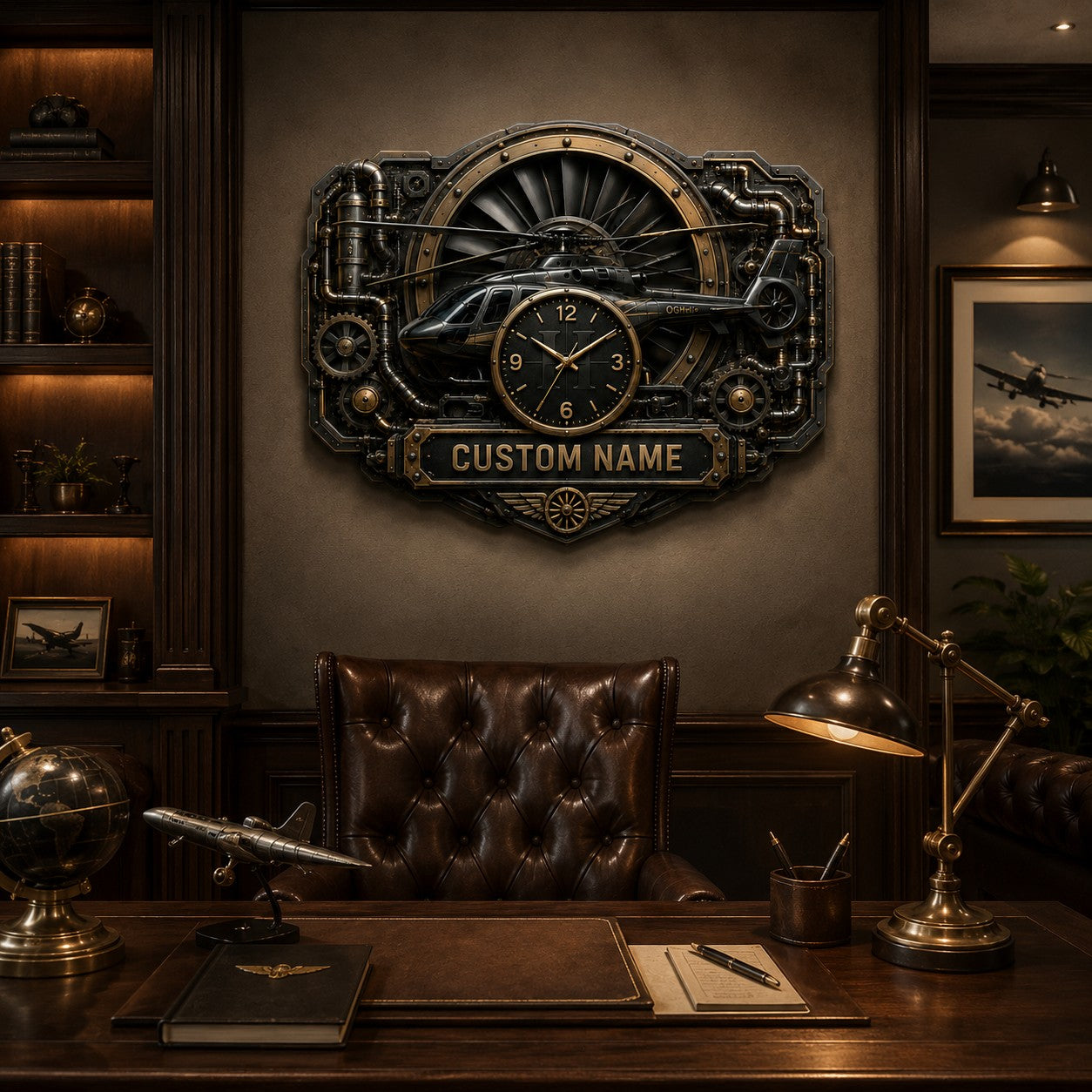 Personalized Steampunk Aviation Enthusiasts Wall Clock — personalized with a custom name