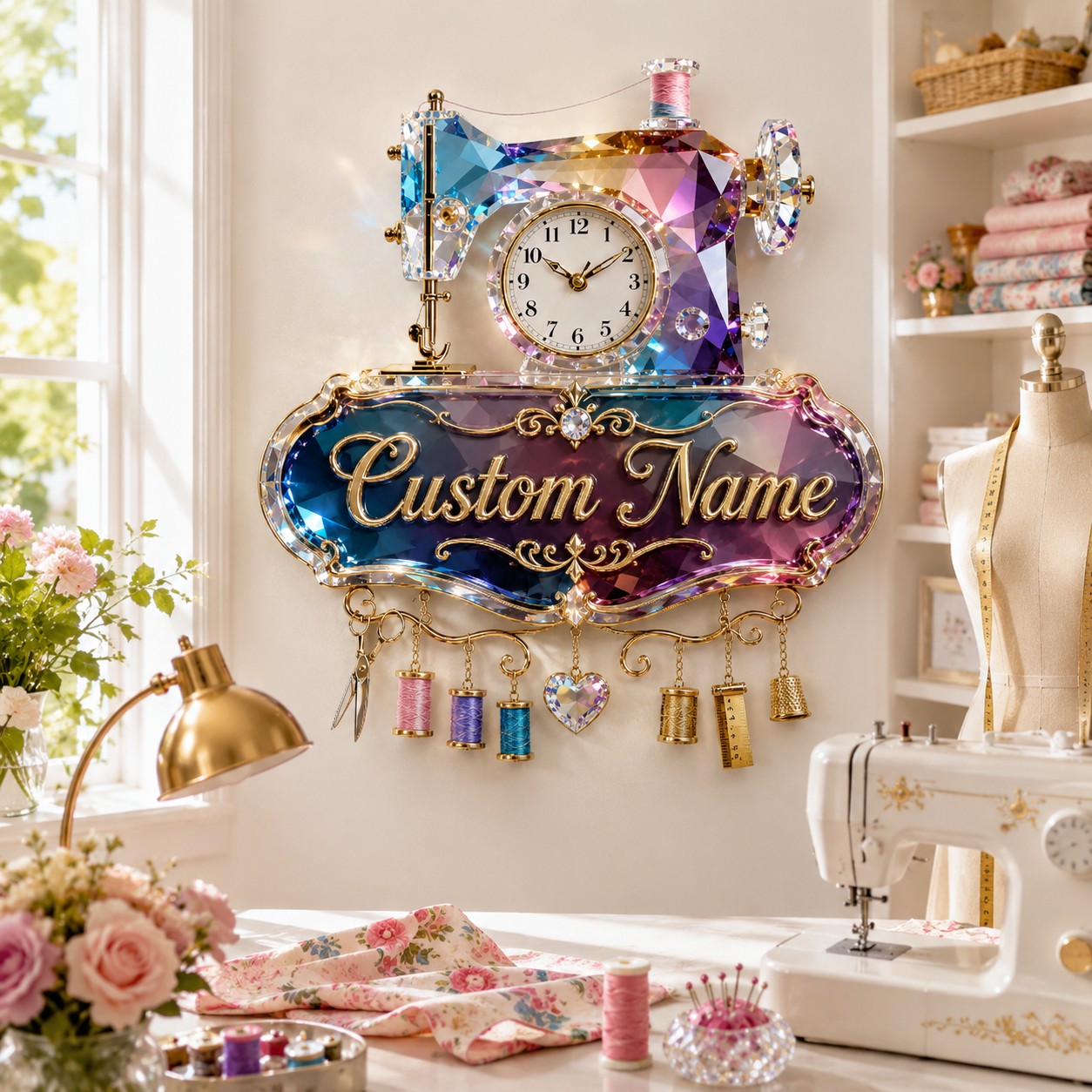 Personalized Sewing Machine Wall Clock with Custom Name — personalized with a custom name
