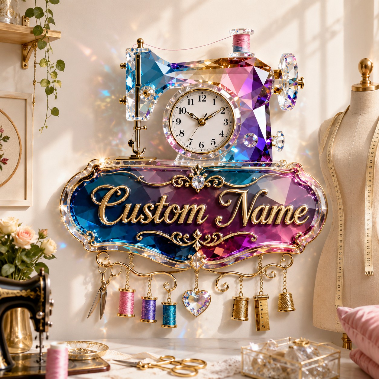 Personalized Sewing Machine Wall Clock with Custom Name — personalized with a custom name