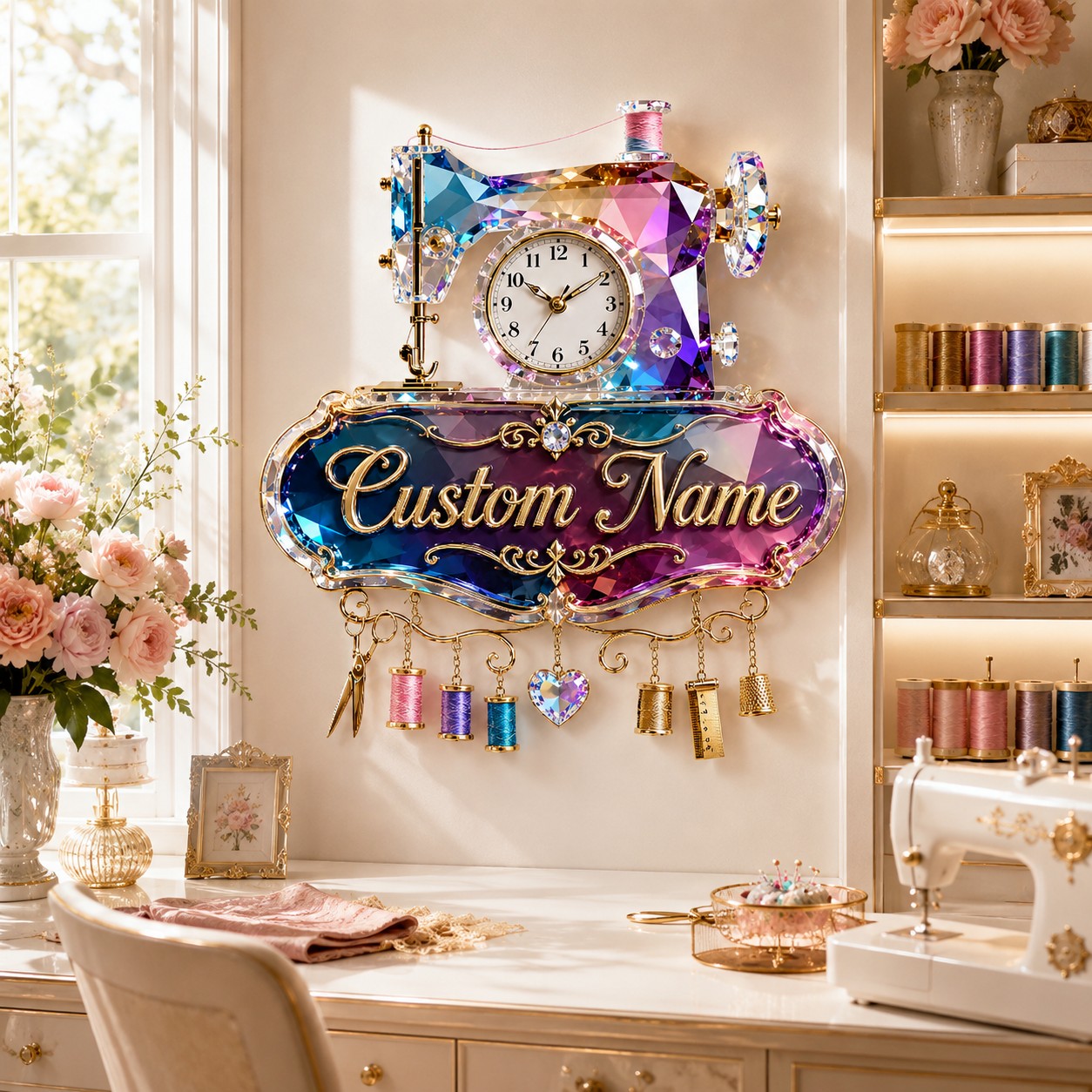 Personalized Sewing Machine Wall Clock with Custom Name — personalized with a custom name