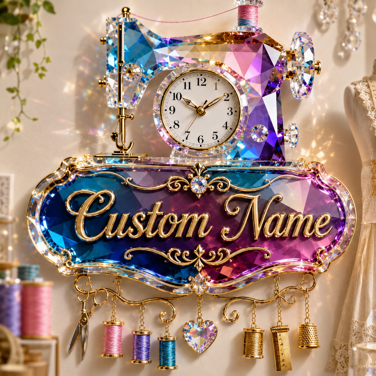 Personalized Sewing Machine Wall Clock with Custom Name — personalized with a custom name
