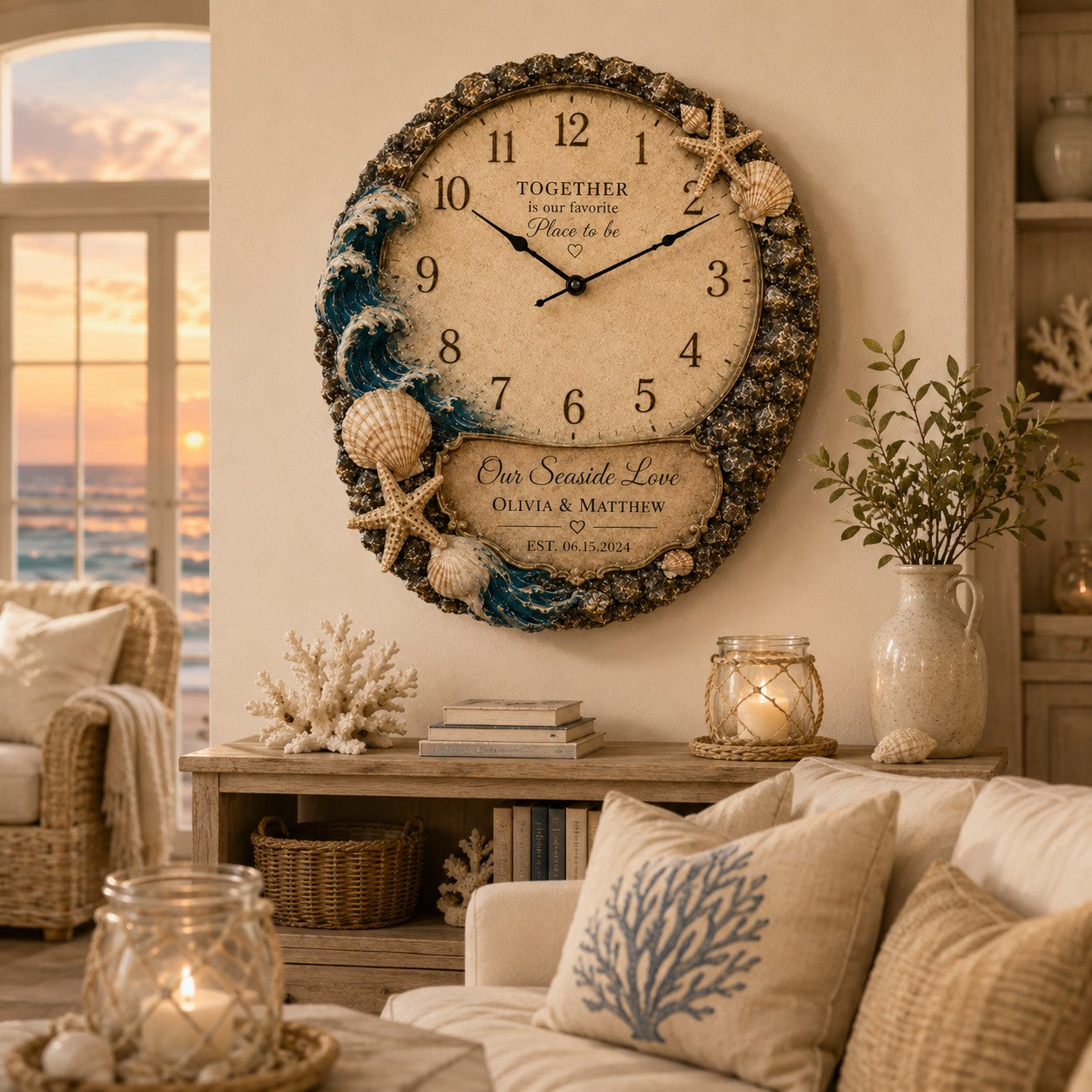 Personalized Coastal Wedding Wall Clock, Wedding Gift with Custom Name — personalized with a custom name