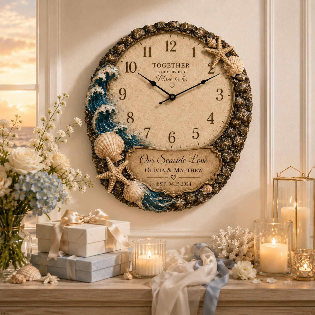 Personalized Coastal Wedding Wall Clock, Wedding Gift with Custom Name — personalized with a custom name