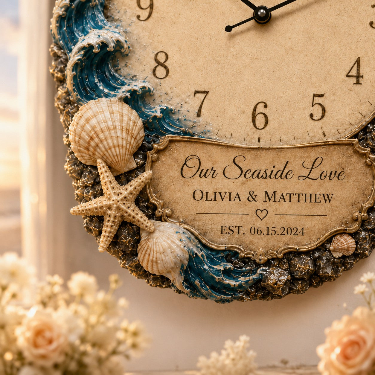 Personalized Coastal Wedding Wall Clock, Wedding Gift with Custom Name — personalized with a custom name