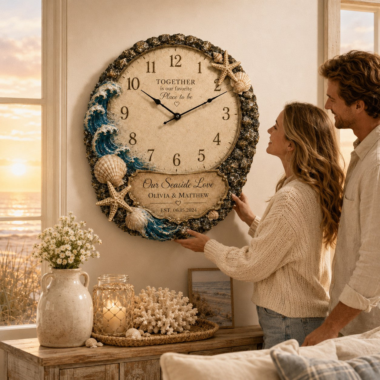 Personalized Coastal Wedding Wall Clock, Wedding Gift with Custom Name — personalized with a custom name