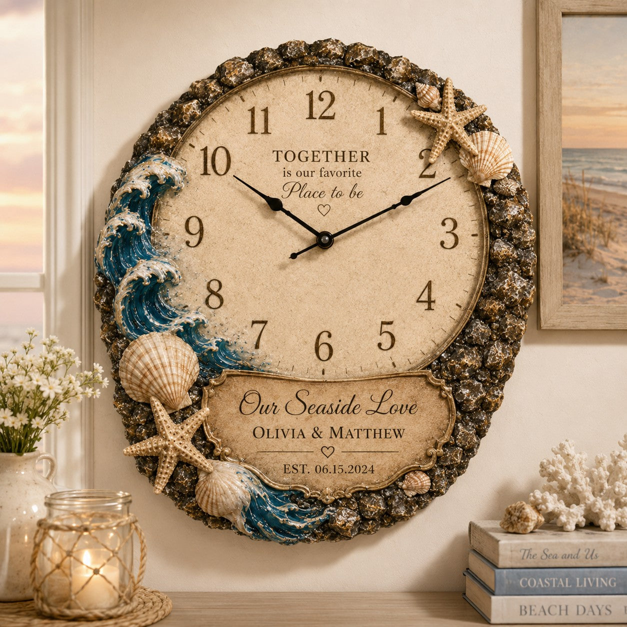 Personalized Coastal Wedding Wall Clock, Wedding Gift with Custom Name — personalized with a custom name