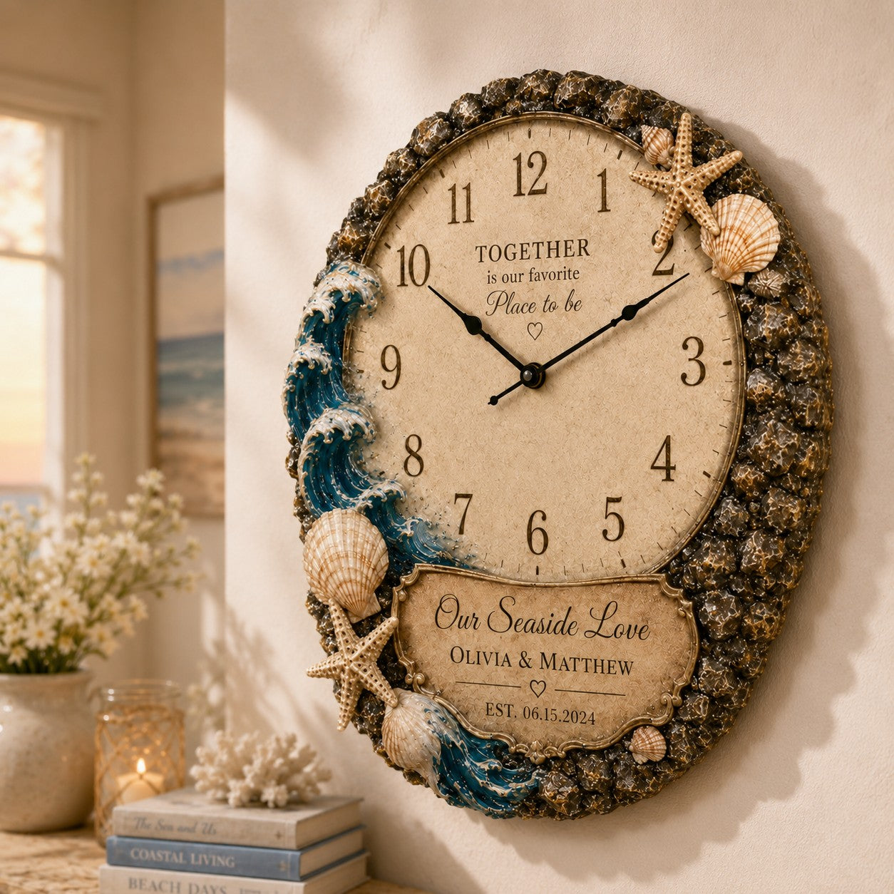 Personalized Coastal Wedding Wall Clock, Wedding Gift with Custom Name — personalized with a custom name