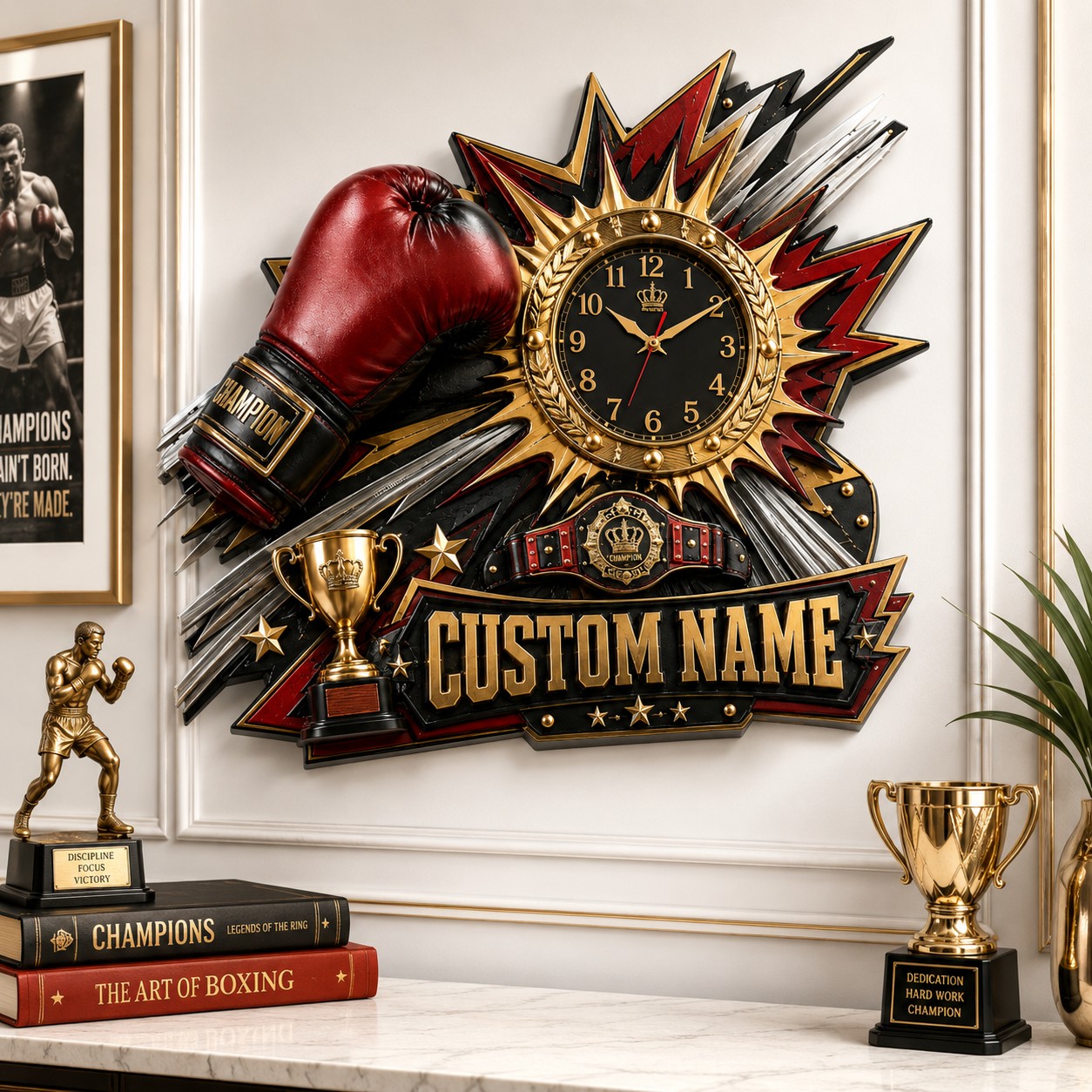 Personalized Boxing Champion Wall Clock with Custom Name — personalized with a custom name