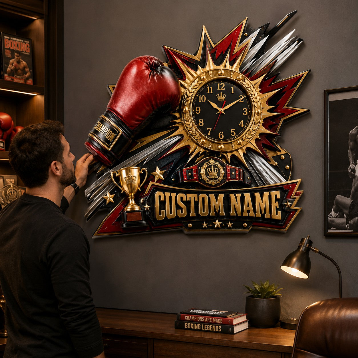 Personalized Boxing Champion Wall Clock with Custom Name — personalized with a custom name