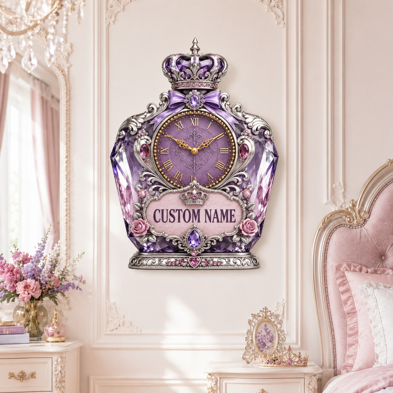 Personalized Princess Perfume Bottle Wall Clock with Custom Name — personalized with a custom name