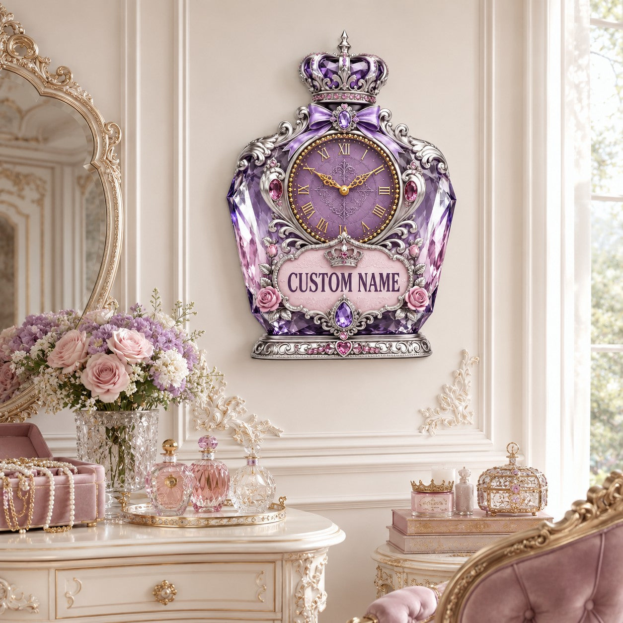 Personalized Princess Perfume Bottle Wall Clock with Custom Name — personalized with a custom name