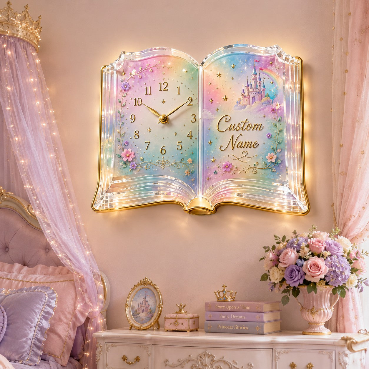 Personalized Fairytale Book Wall Clock with Custom Name — personalized with a custom name