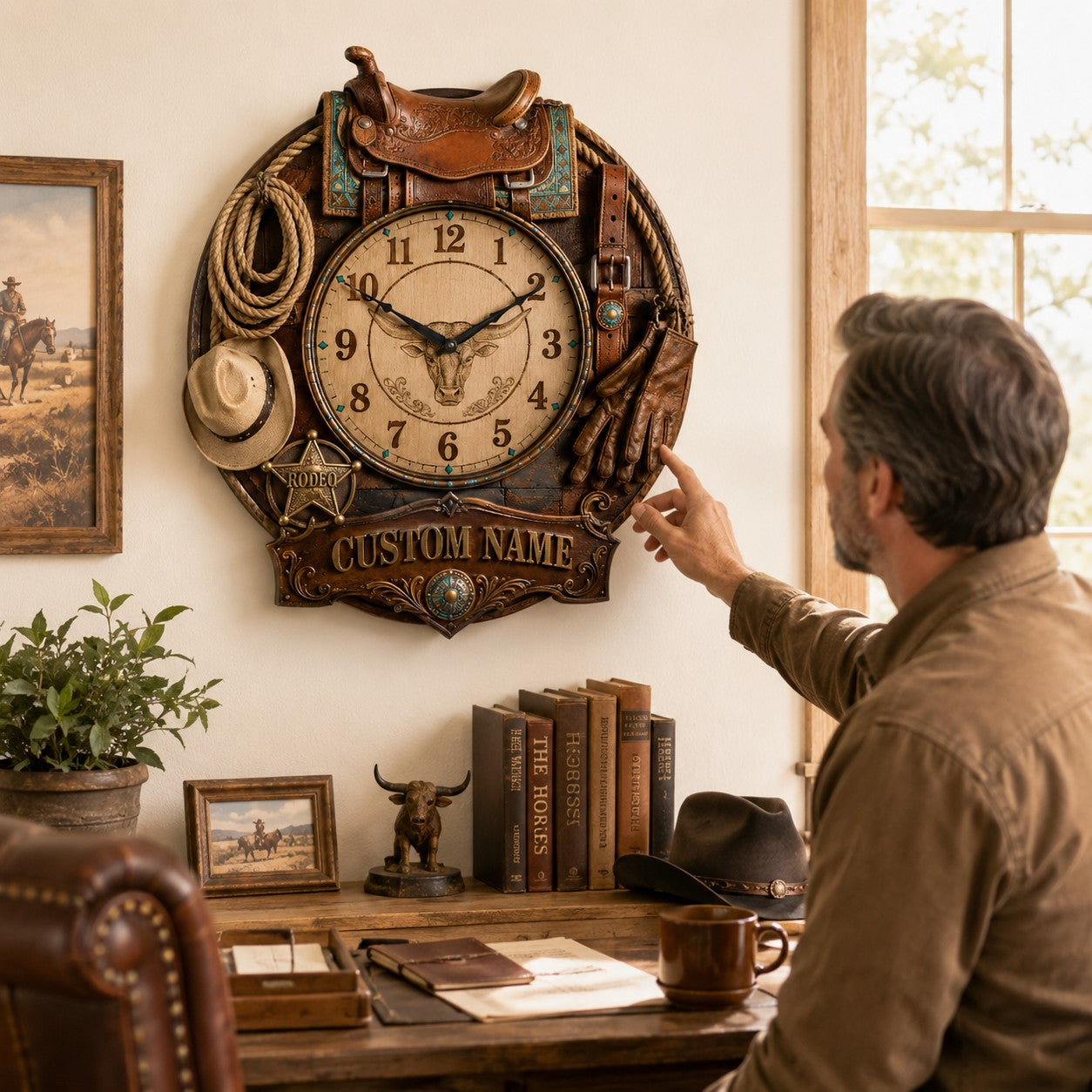 Personalized Western Cowboy Wall Clock, Custom Name Gift for Cowboys — personalized with a custom name