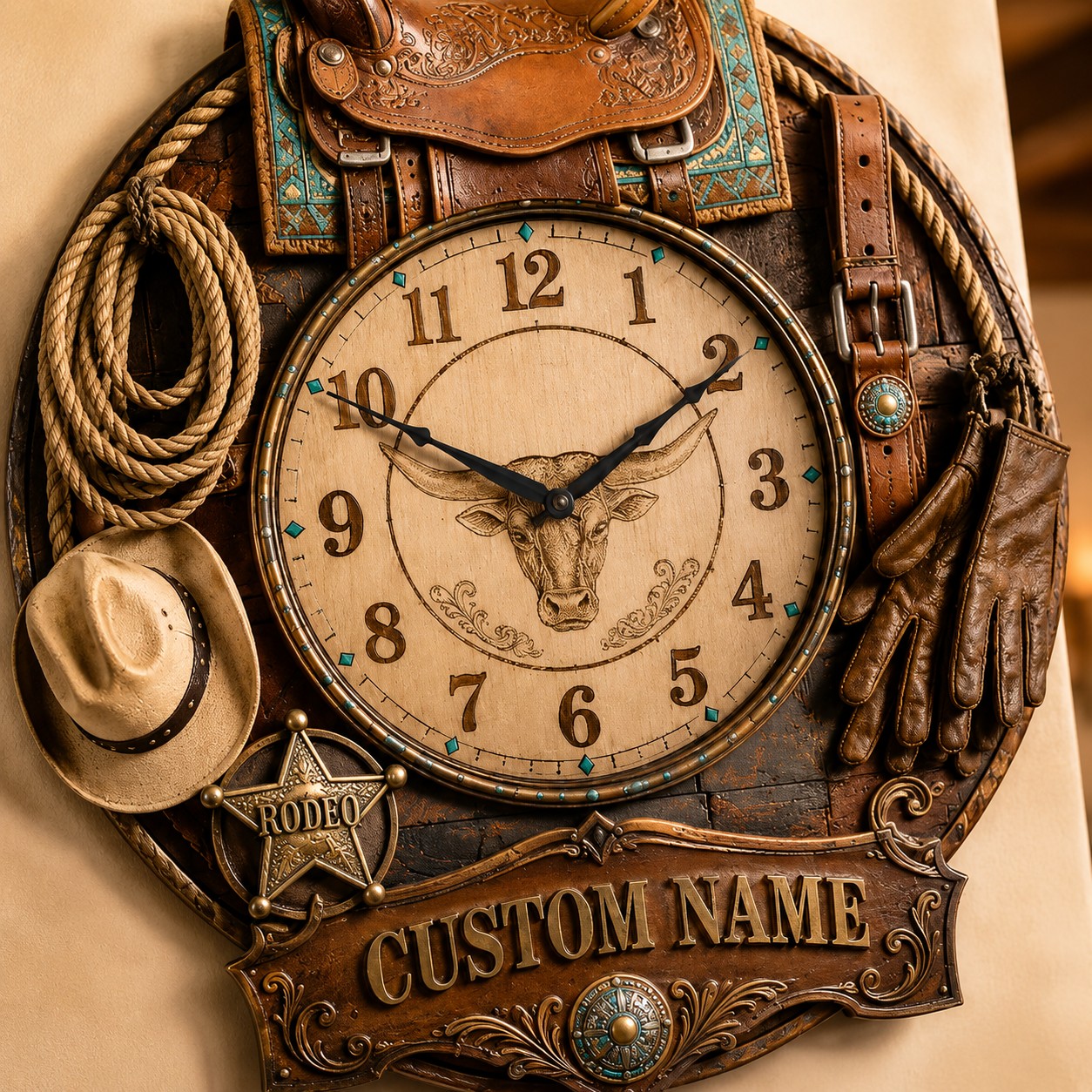 Personalized Western Cowboy Wall Clock, Custom Name Gift for Cowboys — personalized with a custom name