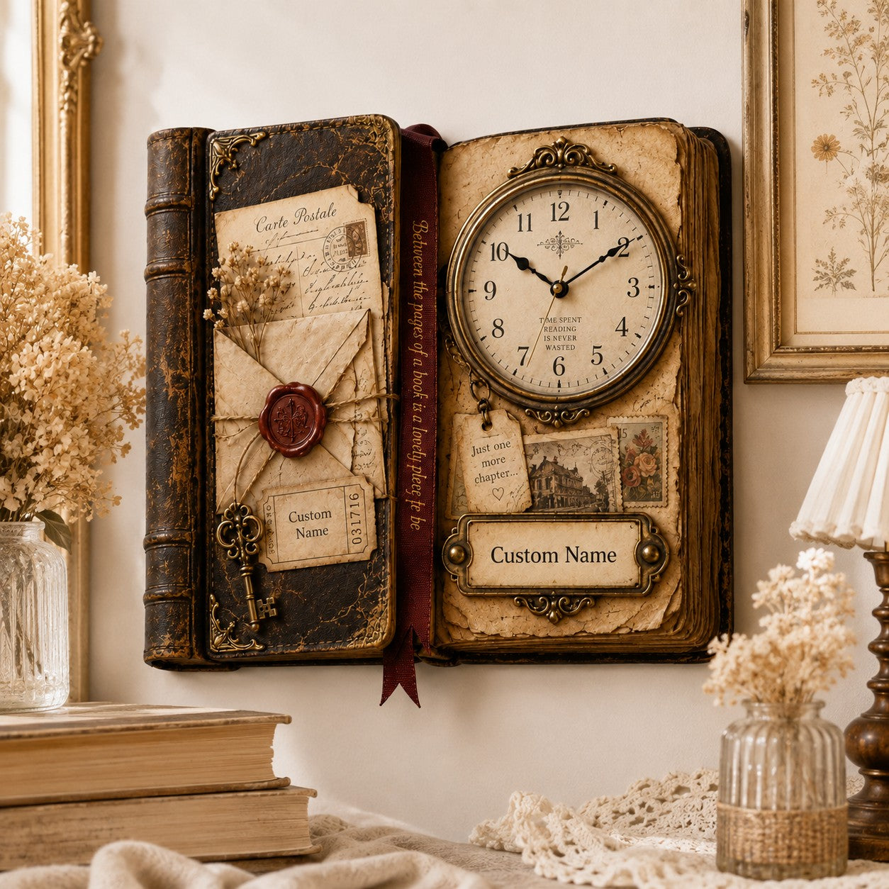 Personalized Vintage Reading Journal Wall Clock with Custom Name — personalized with a custom name