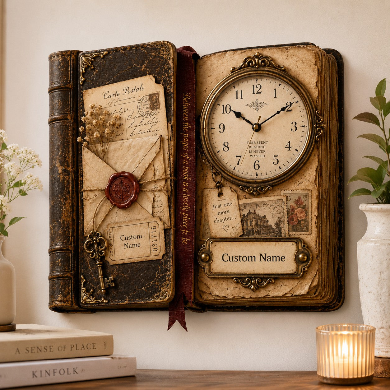 Personalized Vintage Reading Journal Wall Clock with Custom Name — personalized with a custom name