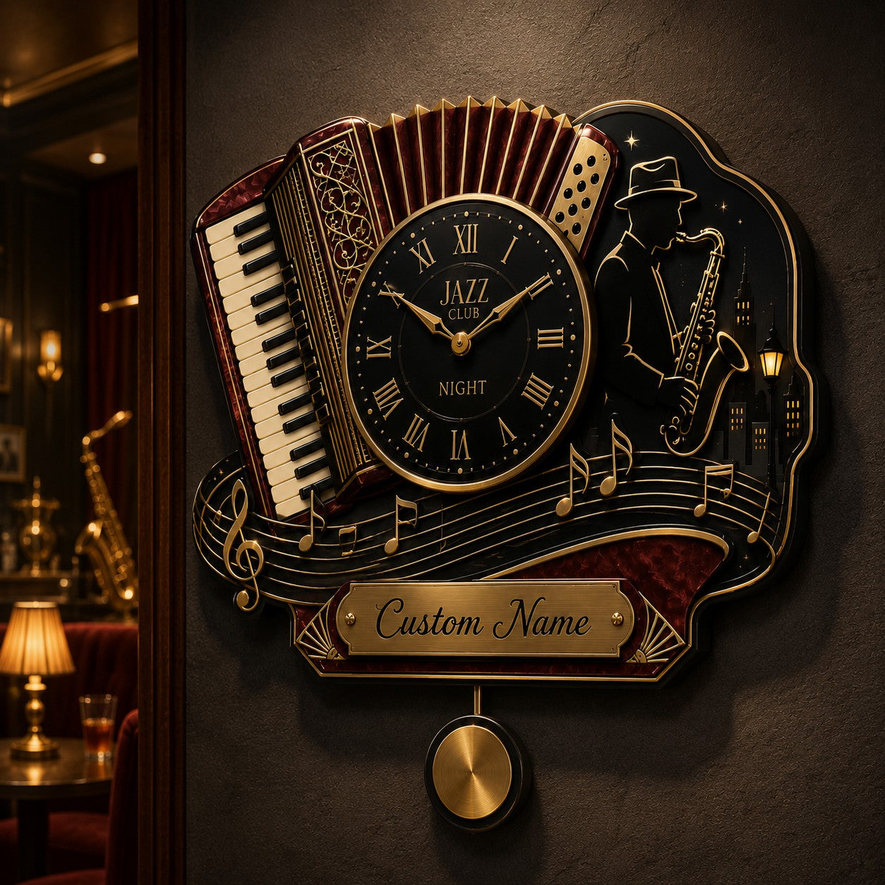 Personalized Jazz Wall Clock with Custom Name — personalized with a custom name