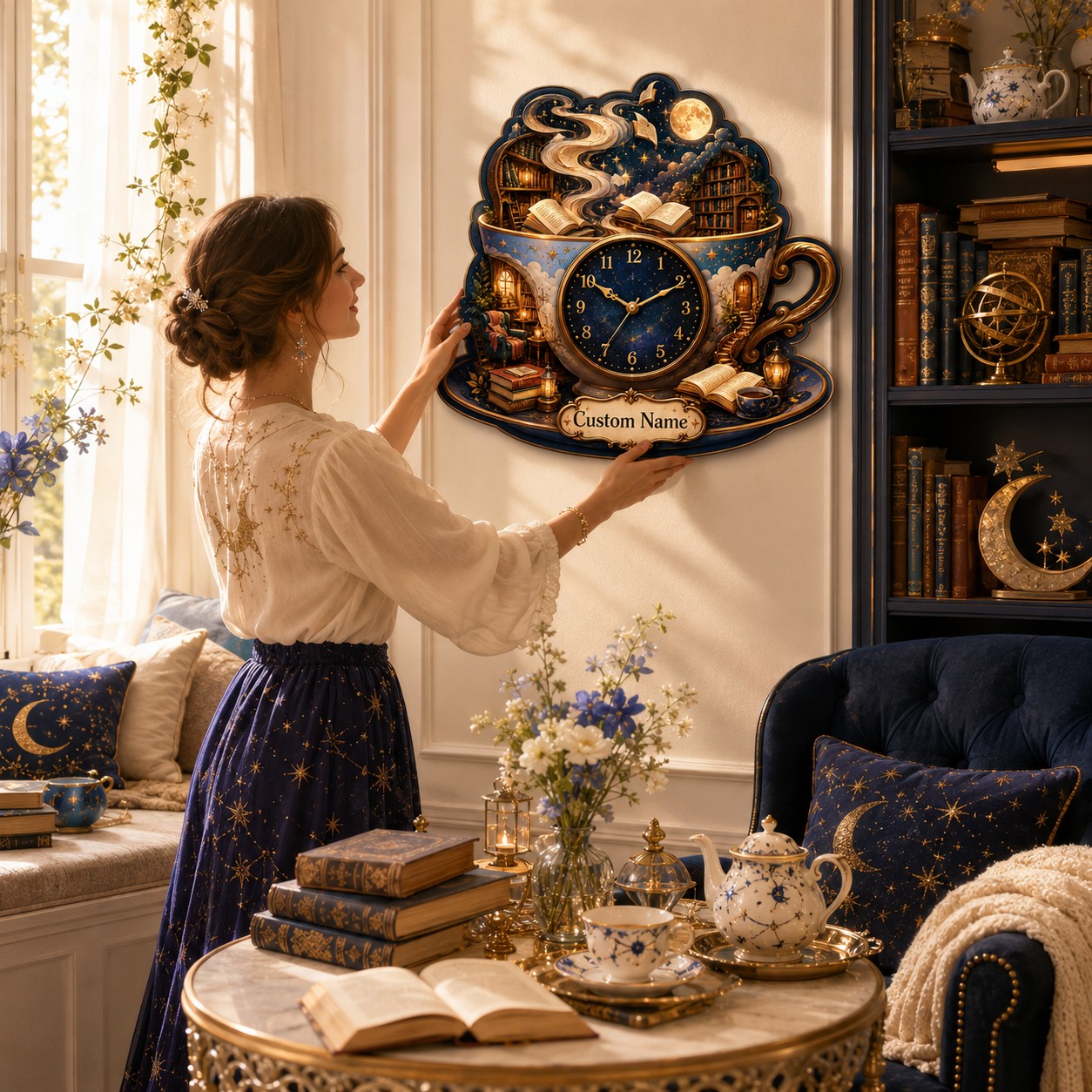 Personalized Celestial Teacup Library Wall Clock with Custom Name — personalized with a custom name