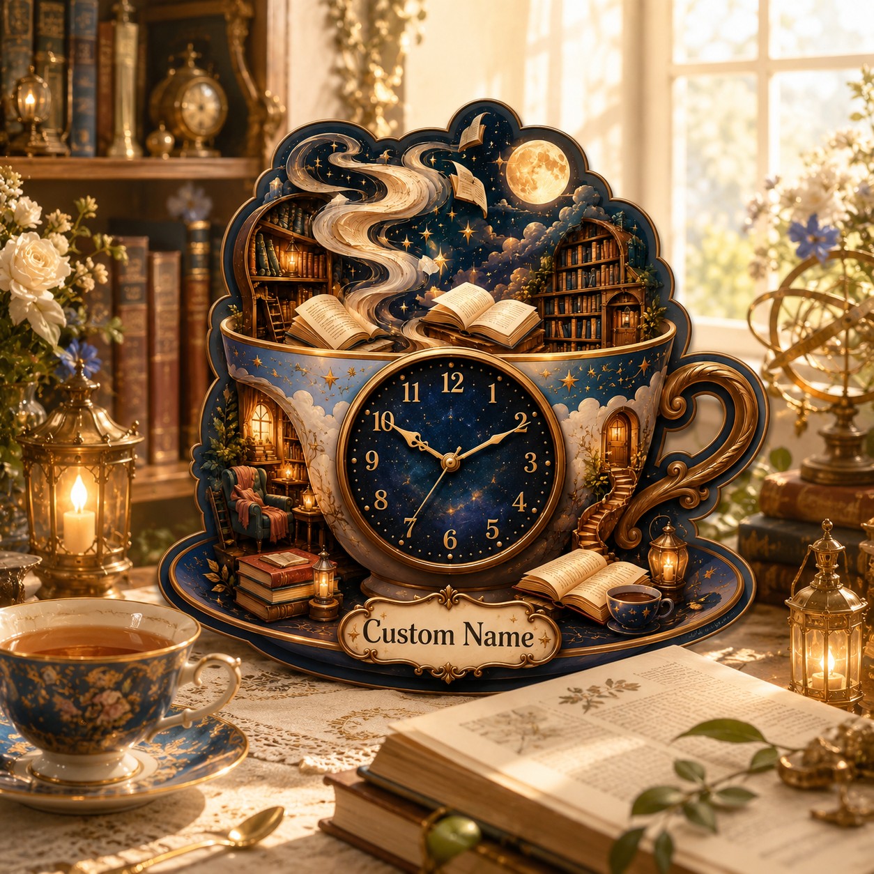 Personalized Celestial Teacup Library Wall Clock with Custom Name — personalized with a custom name